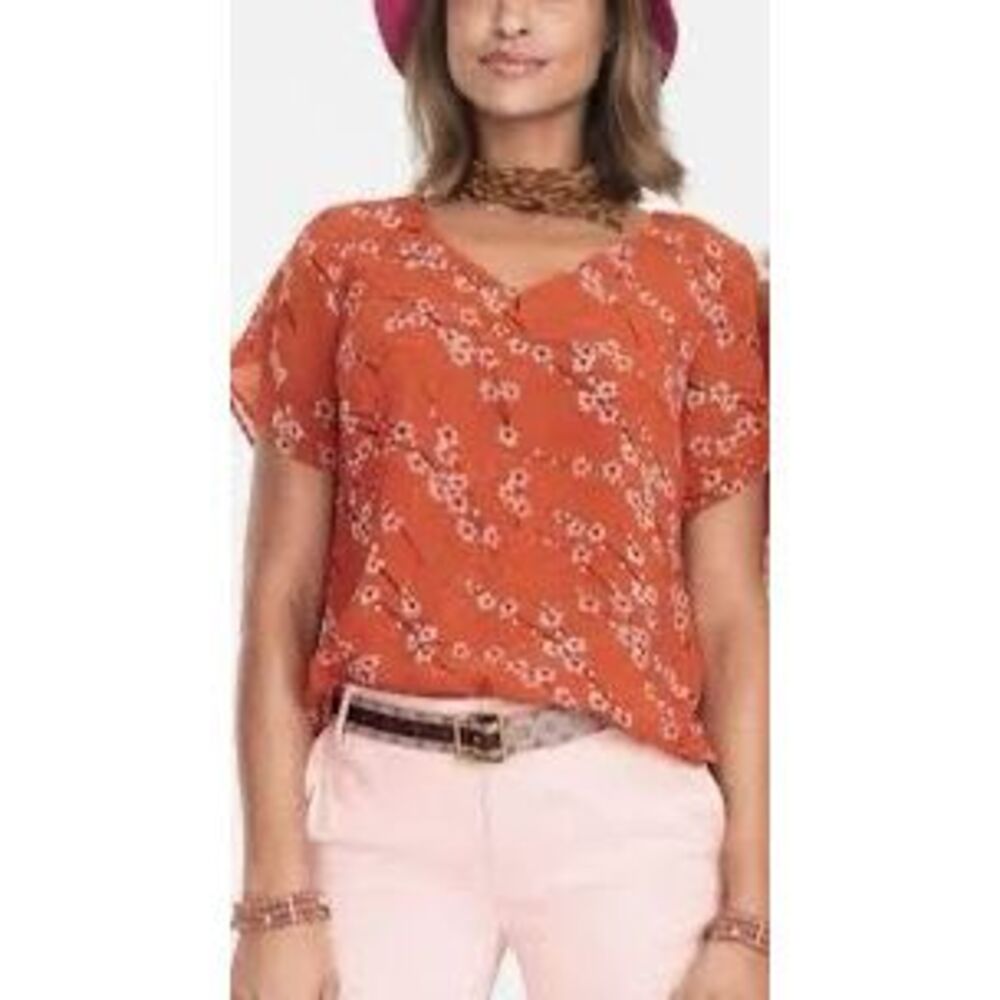 CABI Women’s Orange Floral Split Flutter Sleeve Blouse Size Medium Style #5712